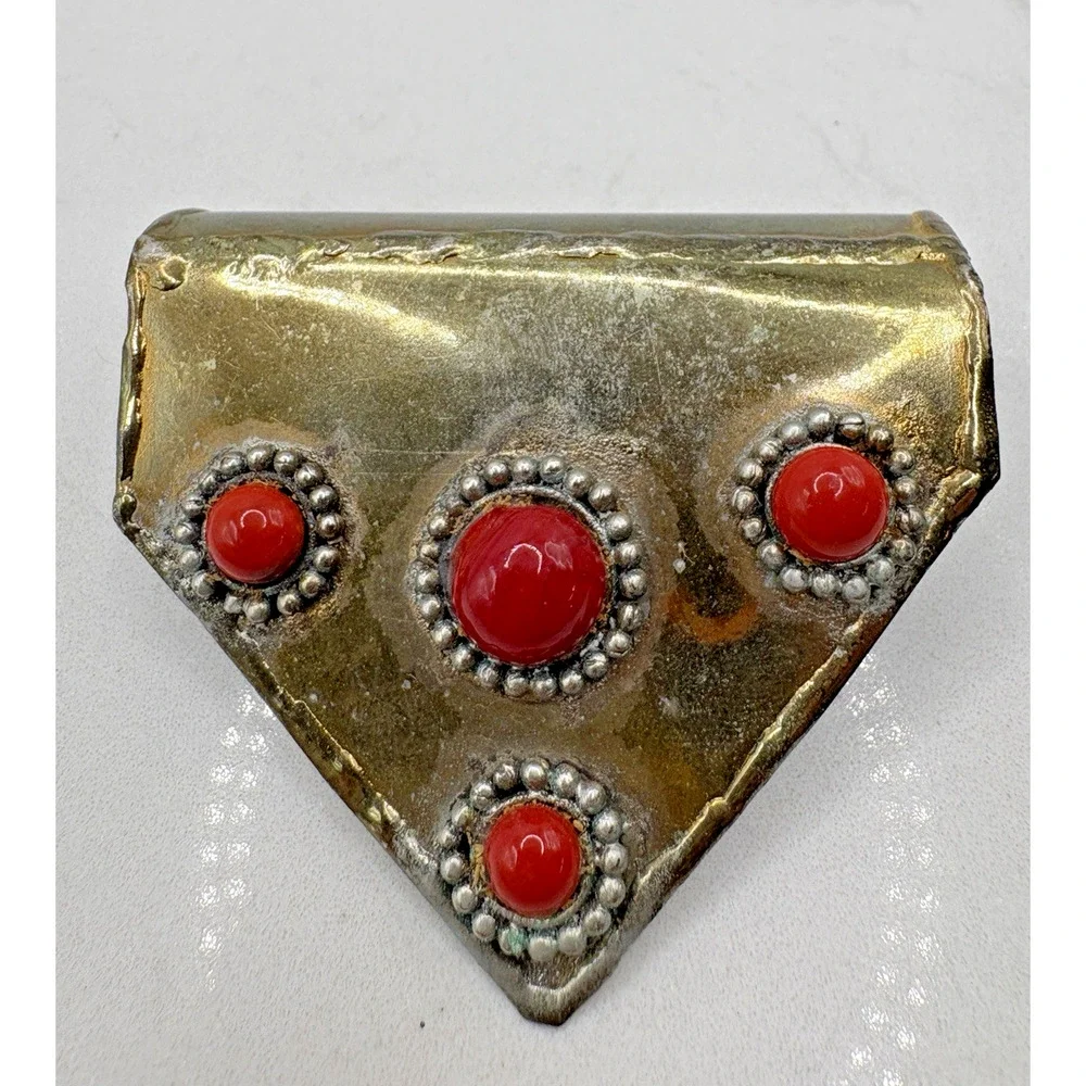 Large Antique Yemeni Brass Coral Hand Made Pendant Judaica Folk Tribal Gypsy Art